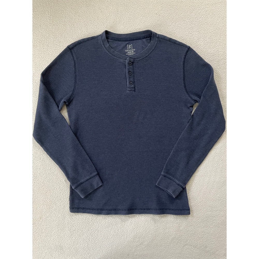 George Mens Medium Henley Navy Blue Waffle Knit Long Sleeve Thermal Shirt